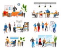 Business people at work meeting in office set of isolated illustrations. Teamwork, two businessmen colleagues at meeting