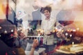 Business people that work together in office. Concept of teamwork and partnership. Double exposure Royalty Free Stock Photo