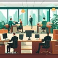 Business people working in modern office. Office workers sitting at desks and computers. Cartoon vector illustration. Generative A Royalty Free Stock Photo