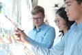 Business people working planning discussing idea with sticky reminder note on glass wall