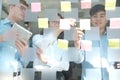 Business people working planning discussing idea with sticky reminder note on glass wall Royalty Free Stock Photo