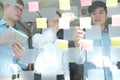 Business people working planning discussing idea with sticky reminder note on glass wall