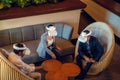 Business people working with virtual reality glasses during a business meeting. Multiethnic team using VR headset in the Royalty Free Stock Photo