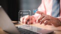 Business performance checklist, businessman using laptop doing online checklist survey, filling out digital form checklist