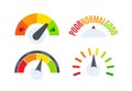 Business performance company review scale logo set. Speedometer, barometer, fuel gauge display logotype collection