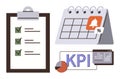 Business Performance Tracking Tools with KPI, Checklist, Calendar, and Notification Icon Graphics Royalty Free Stock Photo