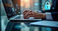 Business person analyzes data on laptop. Data analytics process involves using predictive big data models, real-time analysis.