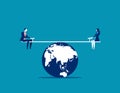 Business person balanced on seesaw over globe. Concept business