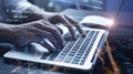 Business Person Coding on Laptop with Cityscape Overlay - Technology and Software Development Royalty Free Stock Photo