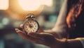 Business person counting down time with old fashioned alarm clock outdoors generated by AI