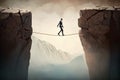 Businessman walking on tightrope between rocks