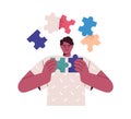 Business person finding idea and opportunity. Man connecting puzzle, jigsaw pieces, solving problem. Creative solution Royalty Free Stock Photo