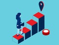 Business person in going upstairs by column chart with goal. Career growth isometric