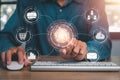 Business person hand using fingerprint indentification to access personal financial data