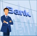 Business person with hands tied in front of bank