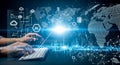 Business person hands typing computer keyboard glowing digital global network map ai icons binary data streams modern cloud Royalty Free Stock Photo