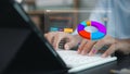 Business person hands typing on keyboard working with virtual financial report. Data summary chart and 3D pie graph analysis for Royalty Free Stock Photo