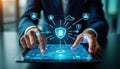 Business person interacts with digital cyber security interface on tablet. Hands touch tech screen showing various secure symbols Royalty Free Stock Photo