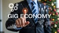 The future of work concept of gig economy with a business person interacting with a virtual interface presenting global network Royalty Free Stock Photo