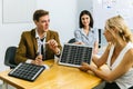 Business person meeting on solar cell panel technology. Business People Discussing Solar Power Environment Concept Royalty Free Stock Photo