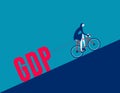 Business person pulling GDP with bicycle. Business vector illustration