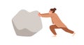 Business person pushing big stone, boulder. Persistence and ambition concept. Worker and heavy rock, struggling with