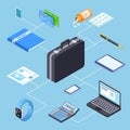 Business person suitcase and its contents isometric vector illustration