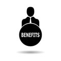 Business person with text BENEFITS flat icon. Isolated on white background.Vector