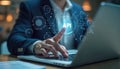 Business person uses laptop computer. Digital API interface on screen. Man works with data programming, coding. Technology and Royalty Free Stock Photo