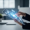 Business person using tablet with futuristic glowing holographic user interface displaying data and icons Royalty Free Stock Photo