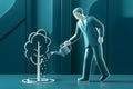 Business person watering tree, symbolizing growth, on teal backdrop, representing nurturing business