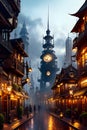 Steampunk cityscape with a open street and Foggy background generated by ai