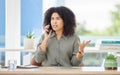 Business, phone call and black woman angry, frustrated and disappointed with project deadline, stress and schedule Royalty Free Stock Photo