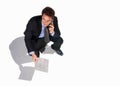 Business, phone call and man in studio with newspaper, networking or communication with top view floor mockup. Travel