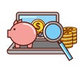 business piggy bank money coins laptop magnifying glass