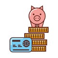 Business piggy bank on stack coins credit card money