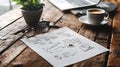 Business plan blueprint on a wooden desk Royalty Free Stock Photo