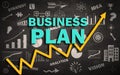 Business Plan Chalkboard Background With Business Signs , Icons and symbol. Rising Graph arrow business plan Concept Royalty Free Stock Photo