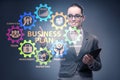 Business plan concept with businesswoman pressing button Royalty Free Stock Photo