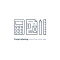 Business plan concept, design blueprint, calculator pencil and ruler icons Royalty Free Stock Photo