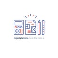 Business plan concept, design blueprint, calculator pencil and ruler icons Royalty Free Stock Photo