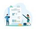 Business plan, financial accounting and audit, tiny people analyze financial chart report