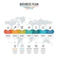 Business plan infographic with a world map backdrop. It features Royalty Free Stock Photo