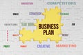 Business plan puzzle. White jigsaw puzzle with some missing pieces on soft yellow. Success business plans concept Royalty Free Stock Photo