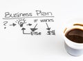 Business plan words near cup of coffee, business concept Royalty Free Stock Photo