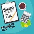 Business planning banner. Workplace with documents, money, glasses, calculator Royalty Free Stock Photo