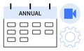 Annual Calendar with Video and Gear Icons Planning, Scheduling, and Technology Integration Royalty Free Stock Photo