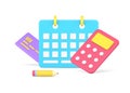 Business planning graph payment counting with calculator and calendar reminder 3d icon isometric