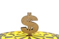 Business Planning, Money, Target Concept. Closeup of wooden dollar sign on red dot center of yellow and black dartboard on white