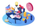 Business planning process vector illustration, cartoon tiny people working, brainstorming together, business idea icon